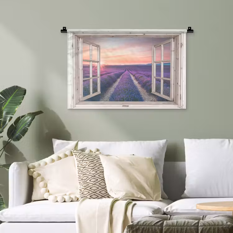 Doorkijk - Lavendel - Bloemen - Hout - Zonsondergang - Paars Wandkleed katoen klein -sfeer7