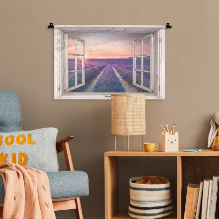 Doorkijk - Lavendel - Bloemen - Hout - Zonsondergang - Paars Wandkleed katoen klein -wsfeer4_kind