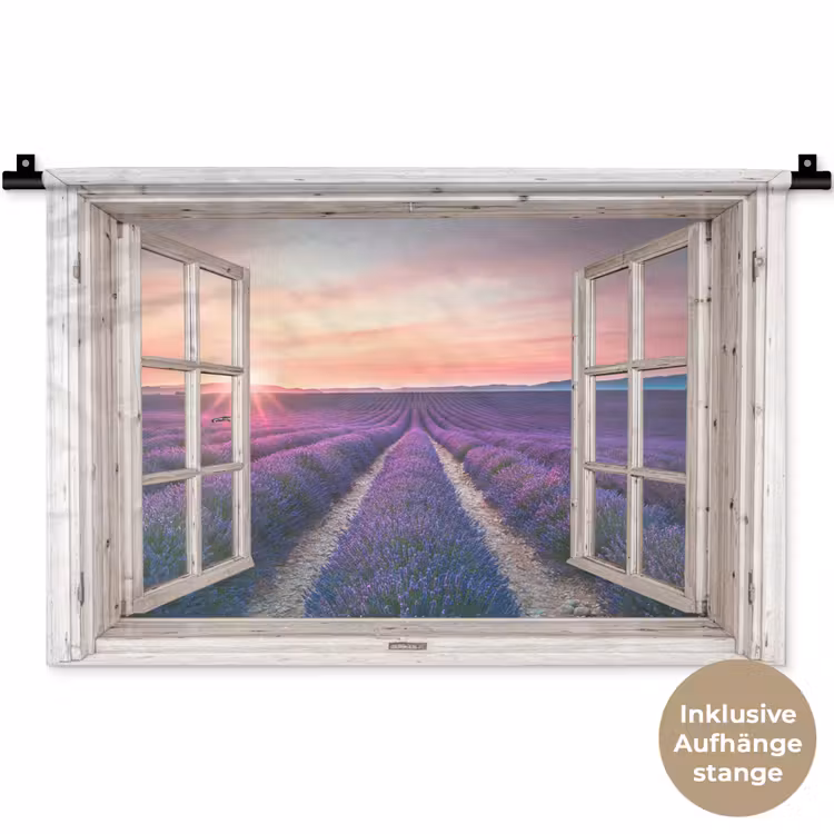 Doorkijk - Lavendel - Bloemen - Hout - Zonsondergang - Paars Wandkleed katoen klein -t3d_DE