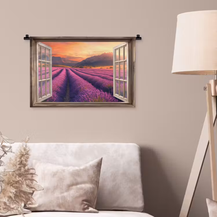Doorkijk - Lavendel - Landschap - Bloemen - Paars Wandkleed katoen klein -sfeer4