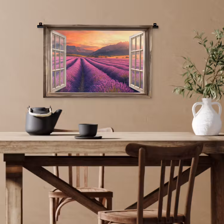 Doorkijk - Lavendel - Landschap - Bloemen - Paars Wandkleed katoen klein -sfeer6