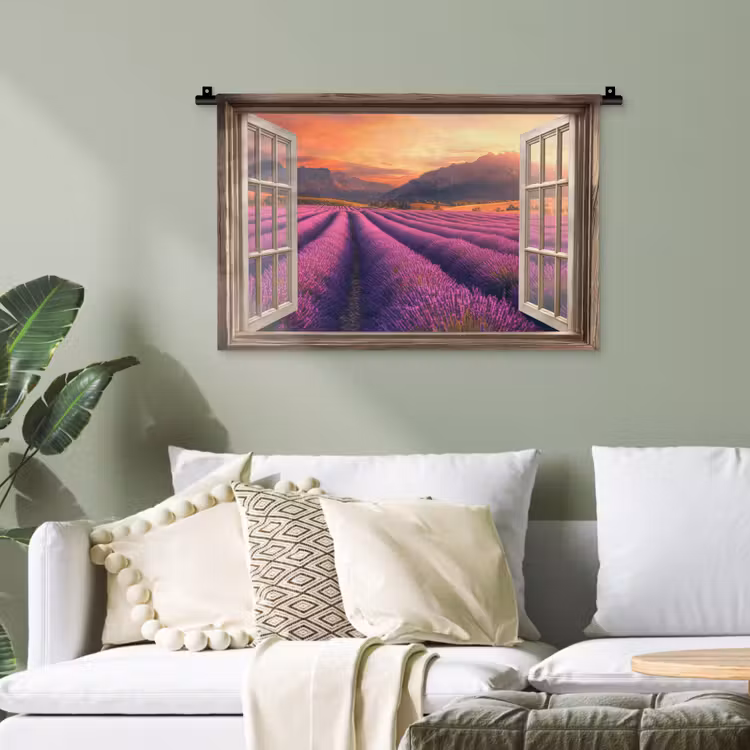 Doorkijk - Lavendel - Landschap - Bloemen - Paars Wandkleed katoen klein -sfeer7
