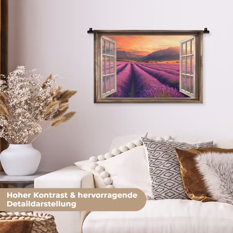 Doorkijk - Lavendel - Landschap - Bloemen - Paars Wandkleed katoen klein -tsfeer1_DE