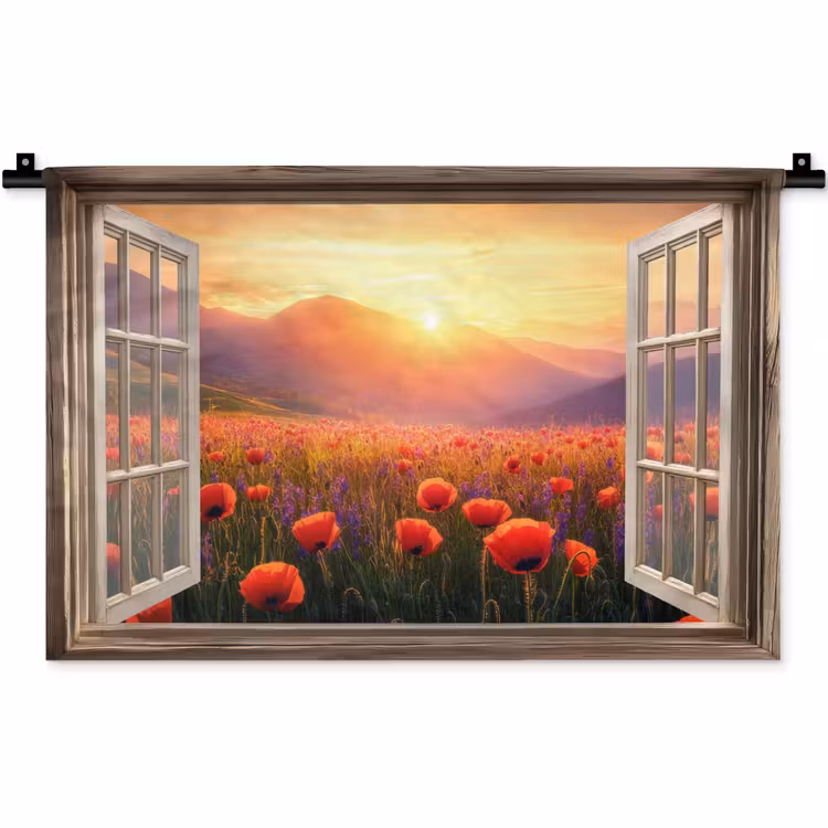 Doorkijk - Klaprozen - Bloemen - Rood - Open raam Wandkleed katoen klein -zz3d