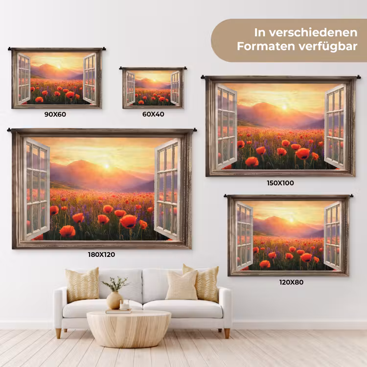 Doorkijk - Klaprozen - Bloemen - Rood - Open raam Wandkleed katoen klein -tsfeer8_DE