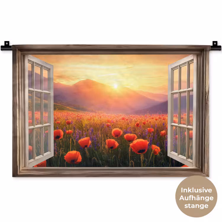 Doorkijk - Klaprozen - Bloemen - Rood - Open raam Wandkleed katoen klein -t3d_DE