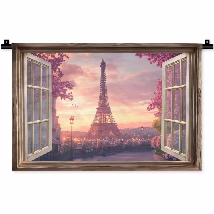 Doorkijk - Parijs - Eiffeltoren - Roze - Kersenbloesem Wandkleed katoen klein -zz3d