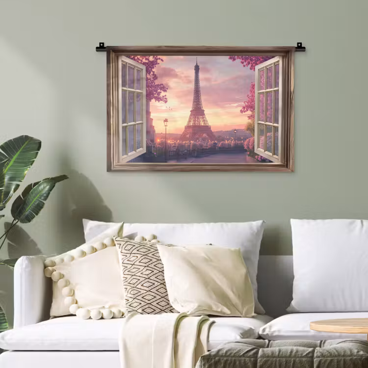 Doorkijk - Parijs - Eiffeltoren - Roze - Kersenbloesem Wandkleed katoen klein -sfeer7