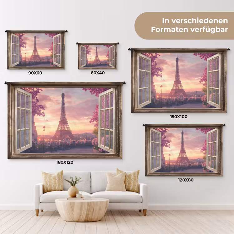 Doorkijk - Parijs - Eiffeltoren - Roze - Kersenbloesem Wandkleed katoen klein -tsfeer8_DE