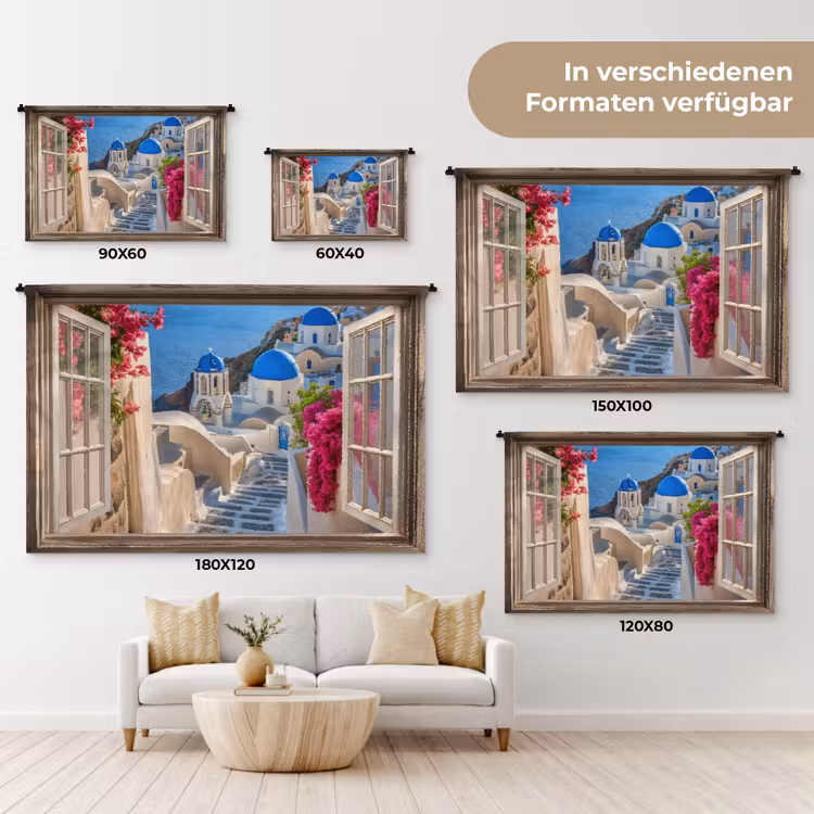 Doorkijk - Santorini - Landschap - Blauw - Grieks Wandkleed katoen klein -tsfeer8_DE