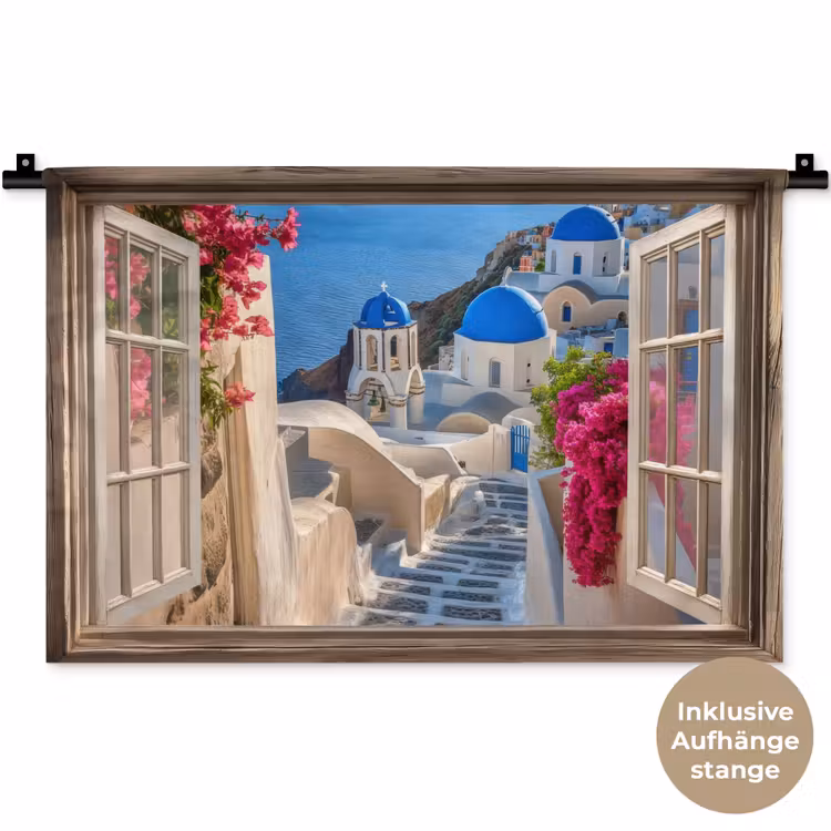 Doorkijk - Santorini - Landschap - Blauw - Grieks Wandkleed katoen klein -t3d_DE