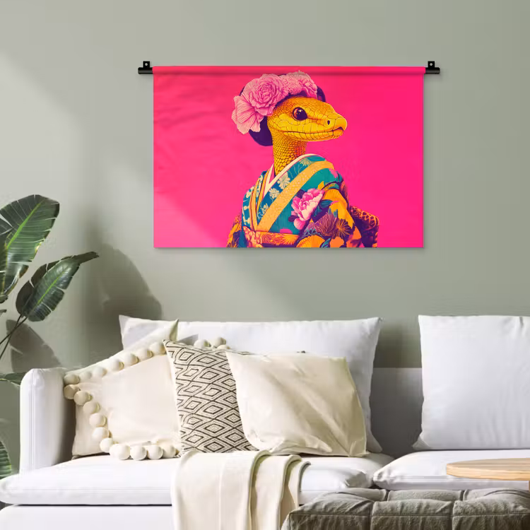 Hagedis - Bloemen - Roze - Kimono Wandkleed katoen klein -sfeer7