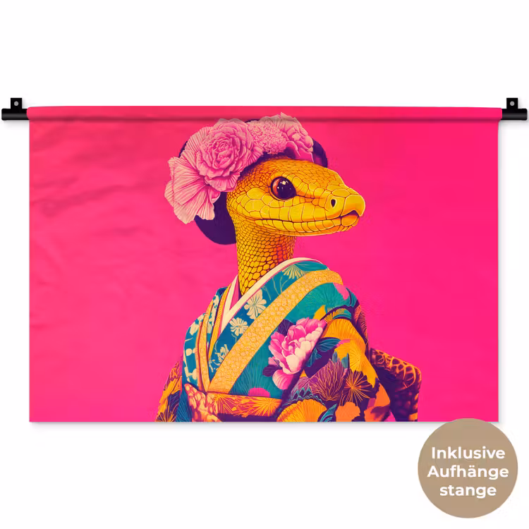 Hagedis - Bloemen - Roze - Kimono Wandkleed katoen klein -t3d_DE