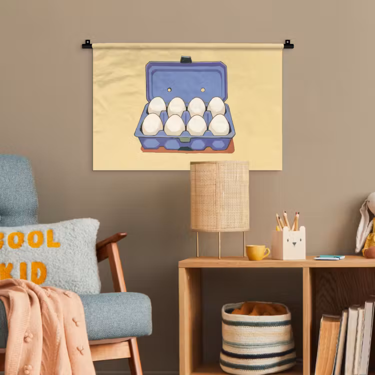 Eieren - Doos - Minimalistisch - Blauw Wandkleed katoen klein -wsfeer4_kind