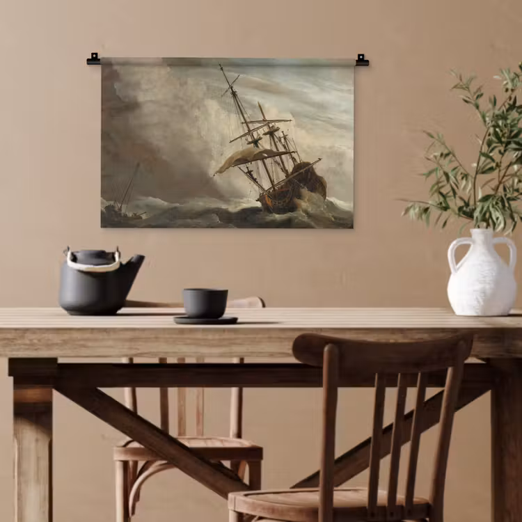 Een schip in volle zee bij vliegende storm - Schilderij van Willem van de Velde Wandkleed katoen klein -sfeer6