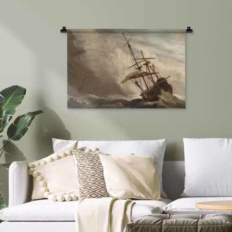 Een schip in volle zee bij vliegende storm - Schilderij van Willem van de Velde Wandkleed katoen klein -sfeer7