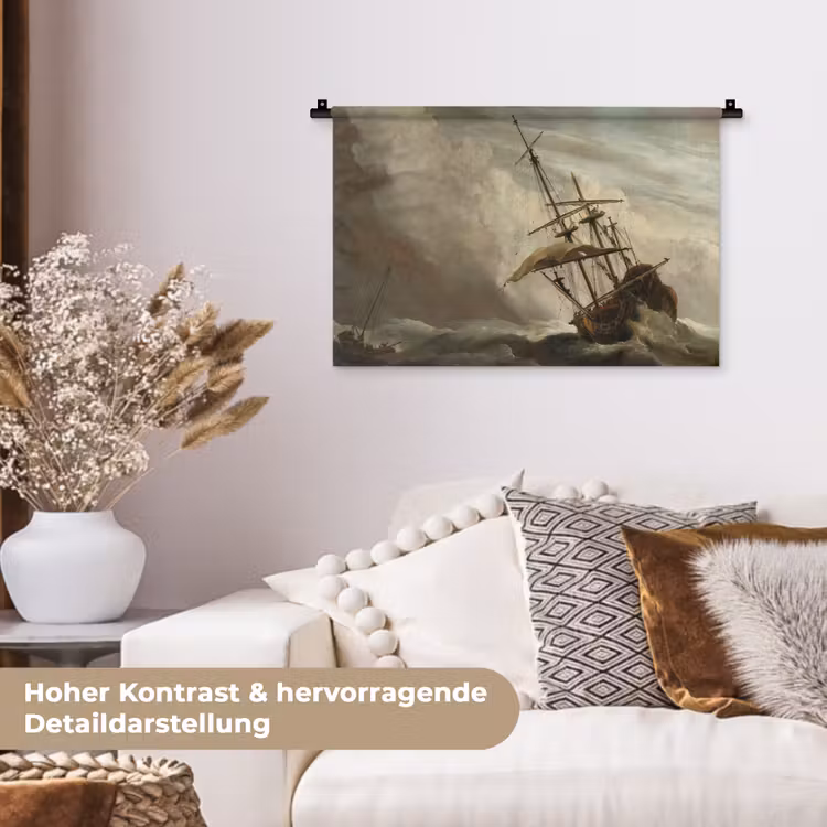Een schip in volle zee bij vliegende storm - Schilderij van Willem van de Velde Wandkleed katoen klein -tsfeer1_DE