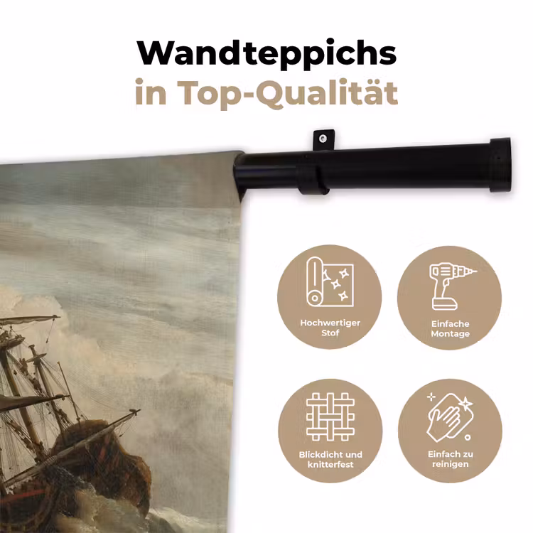 Een schip in volle zee bij vliegende storm - Schilderij van Willem van de Velde Wandkleed katoen klein -tsfeer2_DE
