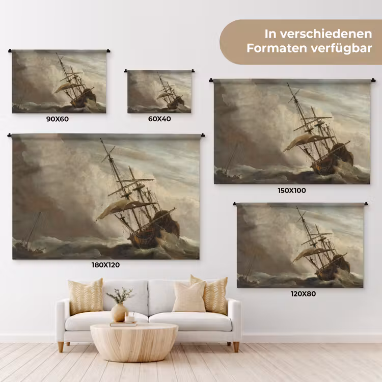 Een schip in volle zee bij vliegende storm - Schilderij van Willem van de Velde Wandkleed katoen klein -tsfeer8_DE