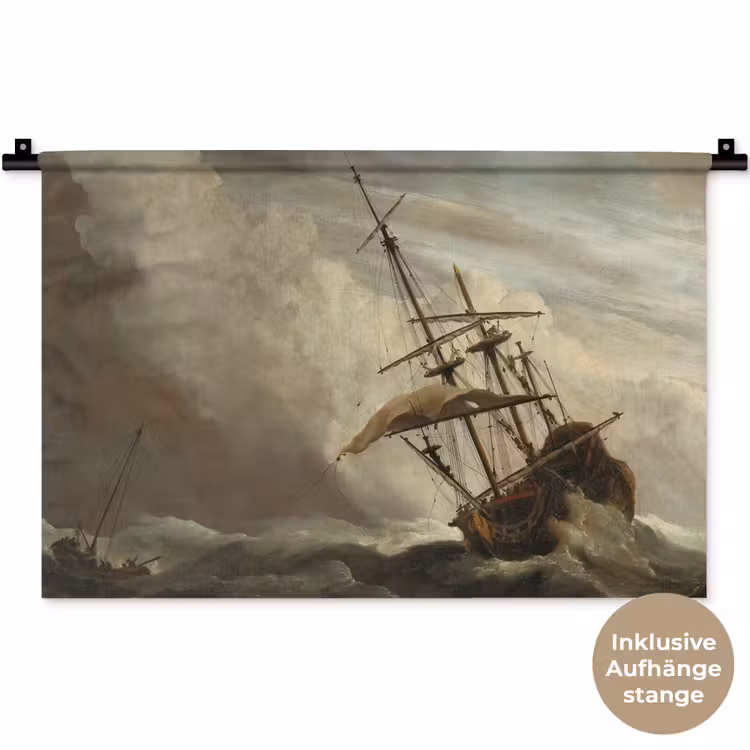 Een schip in volle zee bij vliegende storm - Schilderij van Willem van de Velde Wandkleed katoen klein -t3d_DE