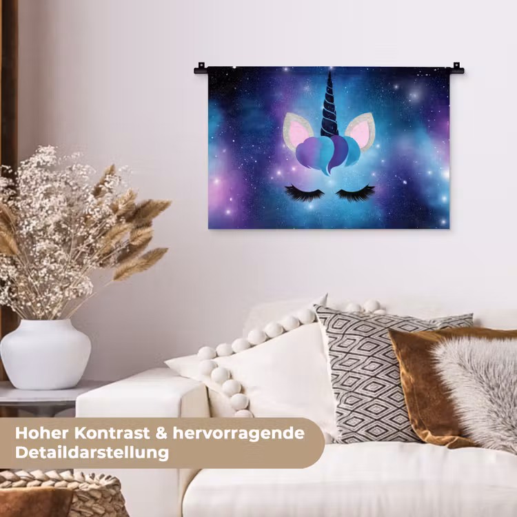 Eenhoorn - Sterren - Magisch - Blauw Wandkleed katoen klein -tsfeer1_DE