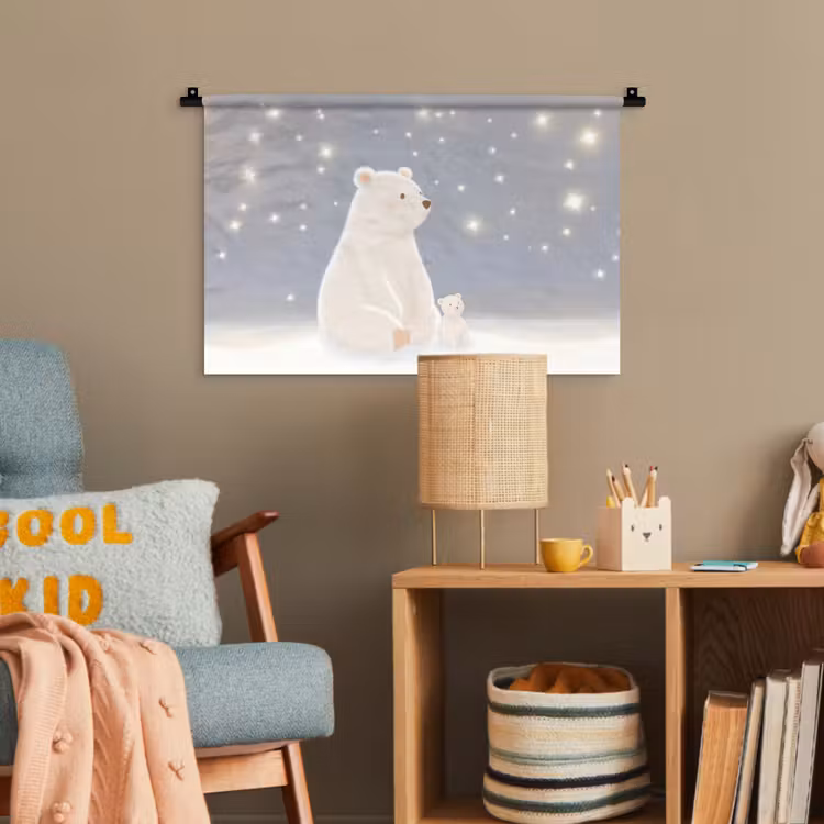 Ijsbeer - Sneeuw - Sterren - Blauw Wandkleed katoen klein -wsfeer4_kind