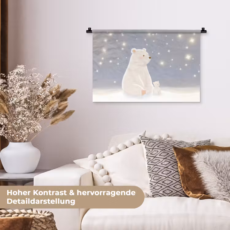 Ijsbeer - Sneeuw - Sterren - Blauw Wandkleed katoen klein -tsfeer1_DE