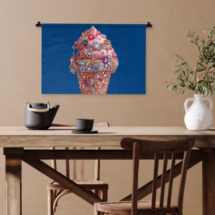 Ijsje - Hoorntje - Steentjes - Blauw Wandkleed katoen klein -sfeer6