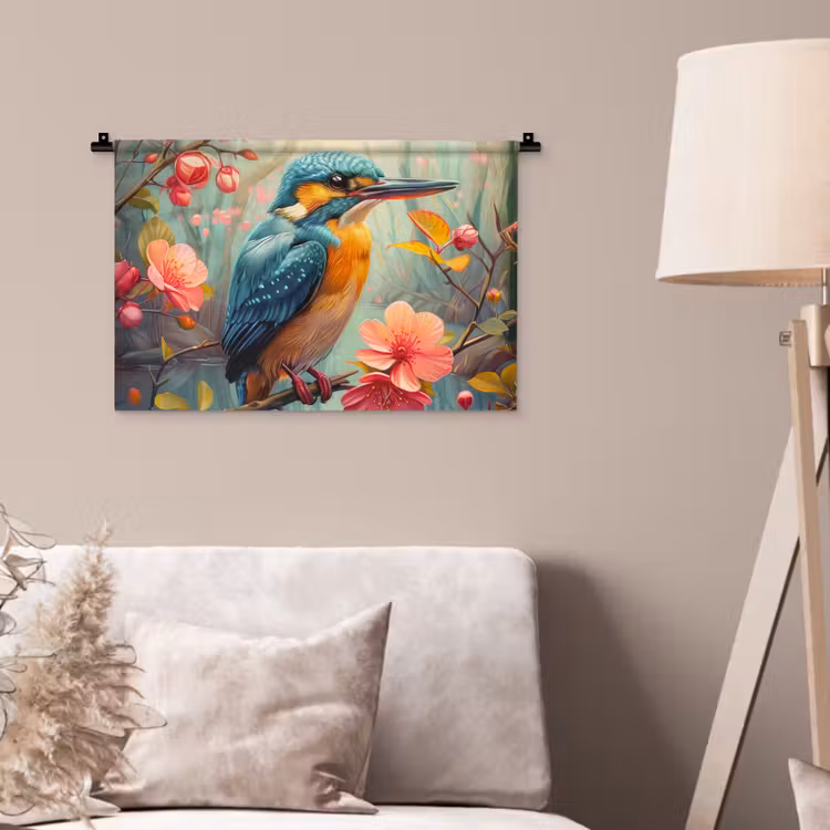 IJsvogel - Bloesem - Natuur - Vogels - Bloemen Wandkleed katoen klein -sfeer4
