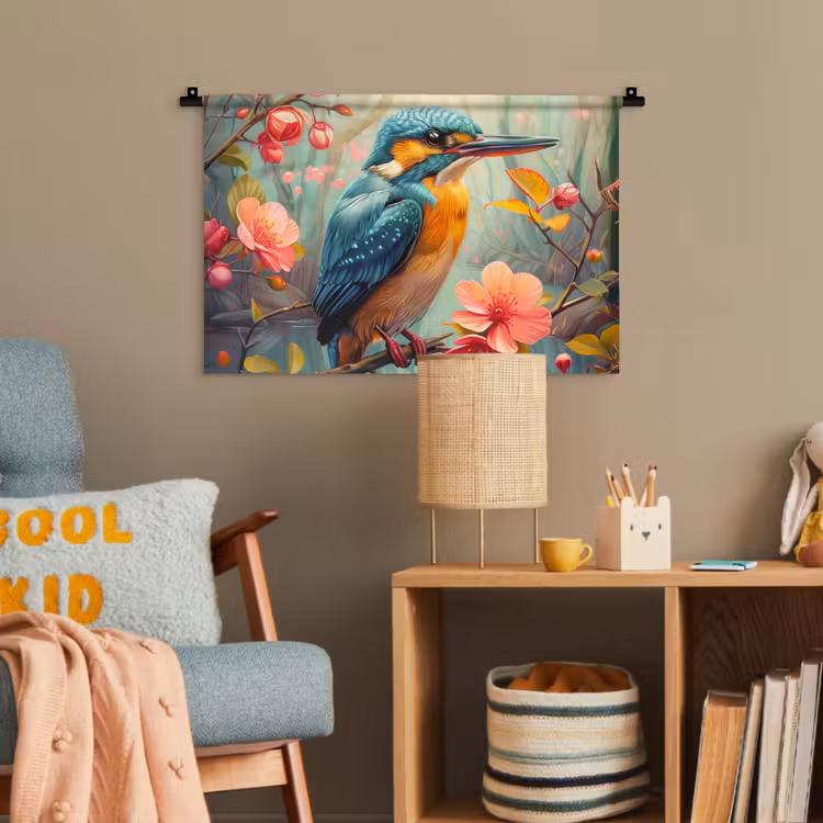 IJsvogel - Bloesem - Natuur - Vogels - Bloemen Wandkleed katoen klein -wsfeer4_kind