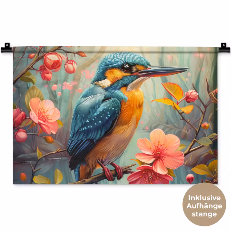 IJsvogel - Bloesem - Natuur - Vogels - Bloemen Wandkleed katoen klein -t3d_DE