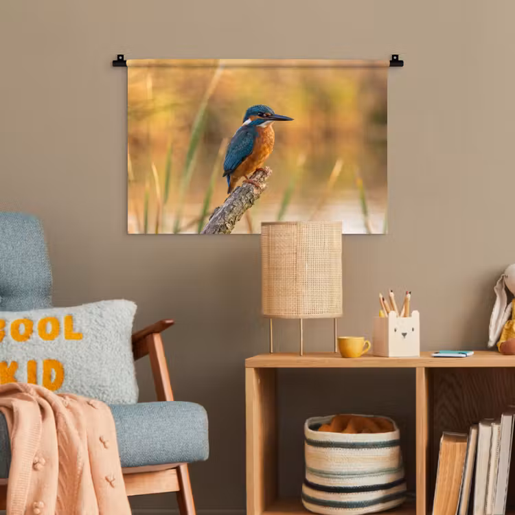 IJsvogel - Tak - Water - Kleurrijk - Levendig Wandkleed katoen klein -wsfeer4_kind