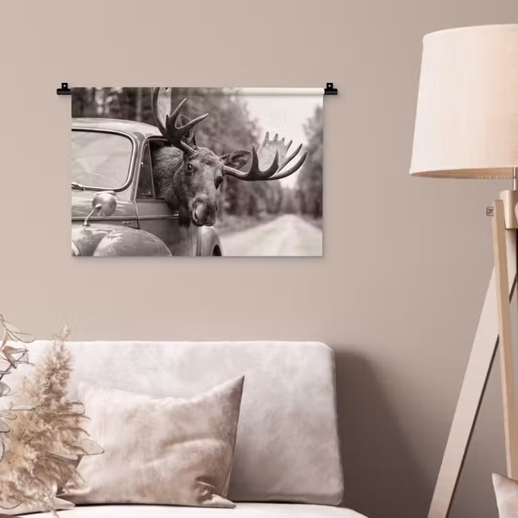 Eland - Auto - Gewei - Zwart - Wit Wandkleed katoen klein -sfeer4