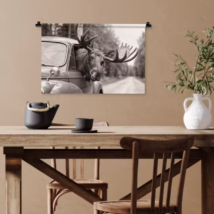 Eland - Auto - Gewei - Zwart - Wit Wandkleed katoen klein -sfeer6
