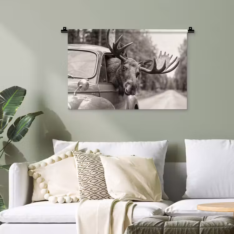 Eland - Auto - Gewei - Zwart - Wit Wandkleed katoen klein -sfeer7