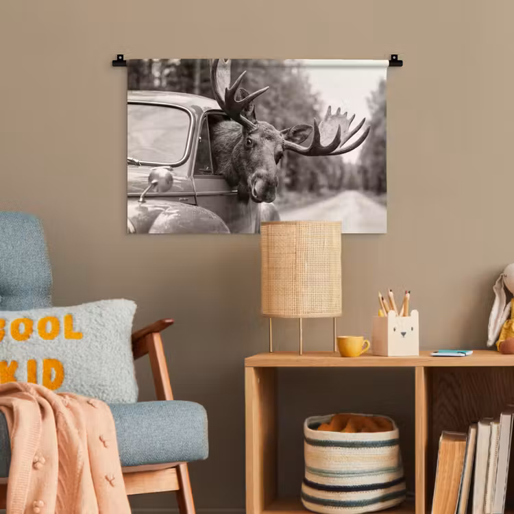 Eland - Auto - Gewei - Zwart - Wit Wandkleed katoen klein -wsfeer4_kind