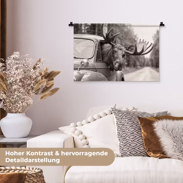 Eland - Auto - Gewei - Zwart - Wit Wandkleed katoen klein -tsfeer1_DE