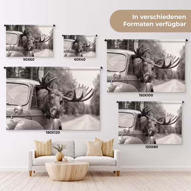 Eland - Auto - Gewei - Zwart - Wit Wandkleed katoen klein -tsfeer8_DE