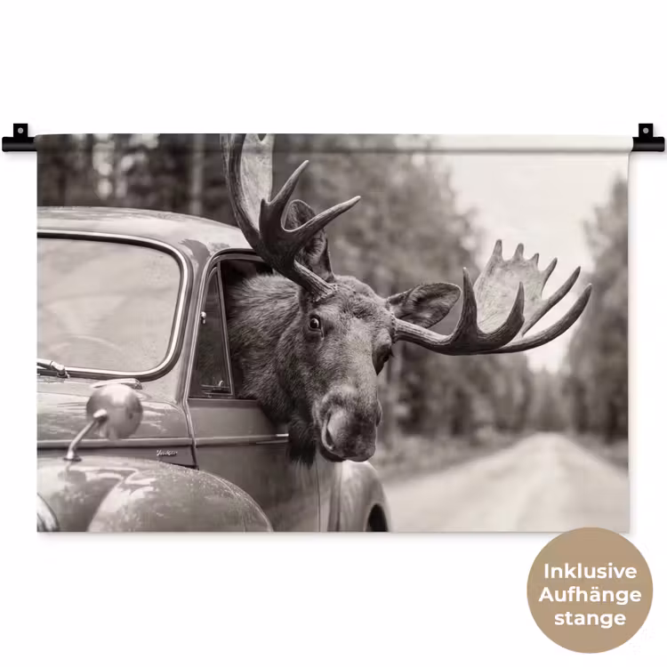 Eland - Auto - Gewei - Zwart - Wit Wandkleed katoen klein -t3d_DE