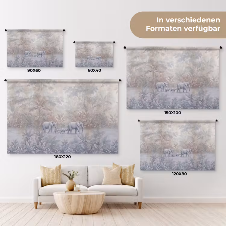 Olifant - Familie - Jungle - Illustratie - Grijs Wandkleed katoen klein -tsfeer8_DE