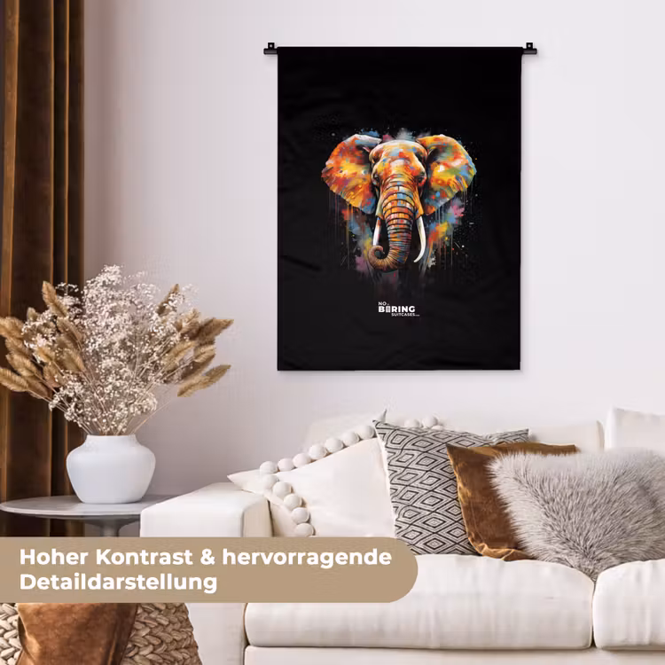 Olifant versierd met kleurrijke spetters Wandkleed katoen klein -tsfeer1_DE