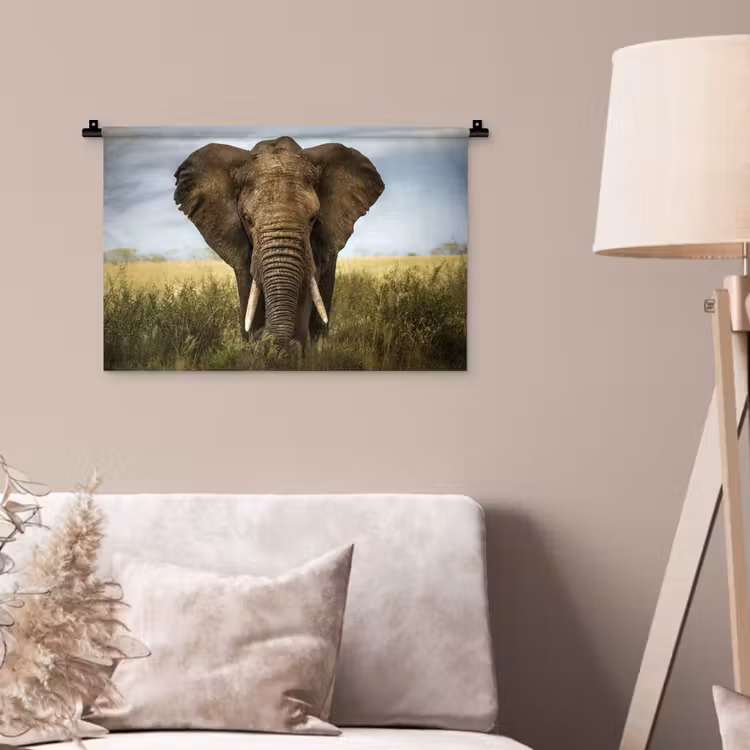 Olifant - Natuur - Gras - Dieren - Landschap Wandkleed katoen klein -sfeer4