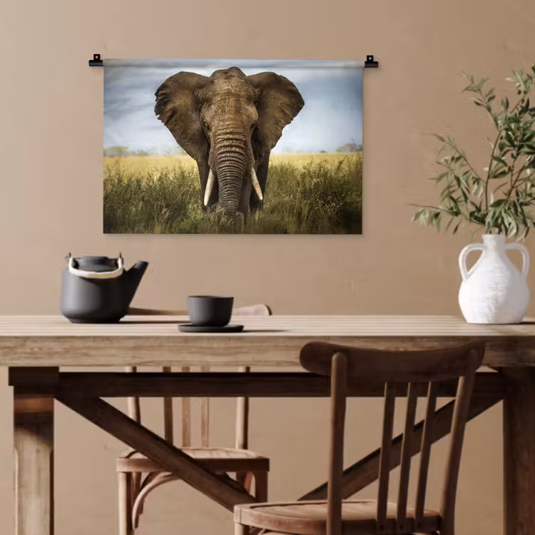 Olifant - Natuur - Gras - Dieren - Landschap Wandkleed katoen klein -sfeer6