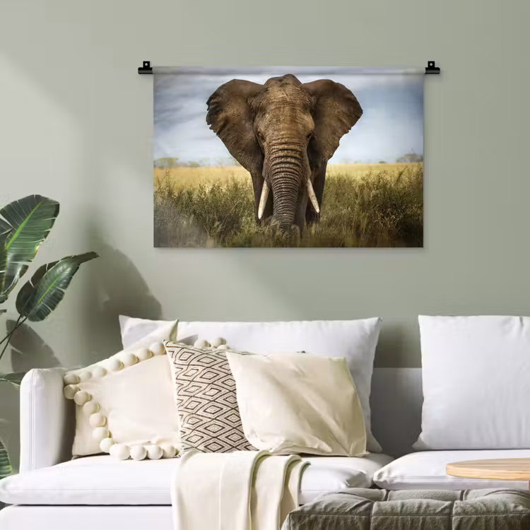 Olifant - Natuur - Gras - Dieren - Landschap Wandkleed katoen klein -sfeer7