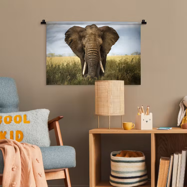 Olifant - Natuur - Gras - Dieren - Landschap Wandkleed katoen klein -wsfeer4_kind