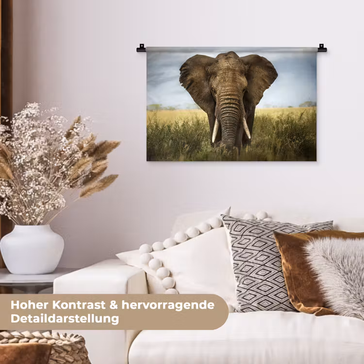 Olifant - Natuur - Gras - Dieren - Landschap Wandkleed katoen klein -tsfeer1_DE