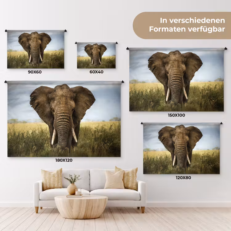 Olifant - Natuur - Gras - Dieren - Landschap Wandkleed katoen klein -tsfeer8_DE
