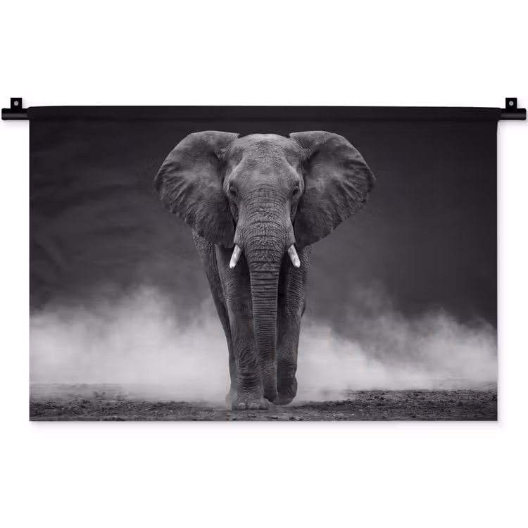 Olifant - Zwart - Wit - Rook Wandkleed katoen klein -zz3d
