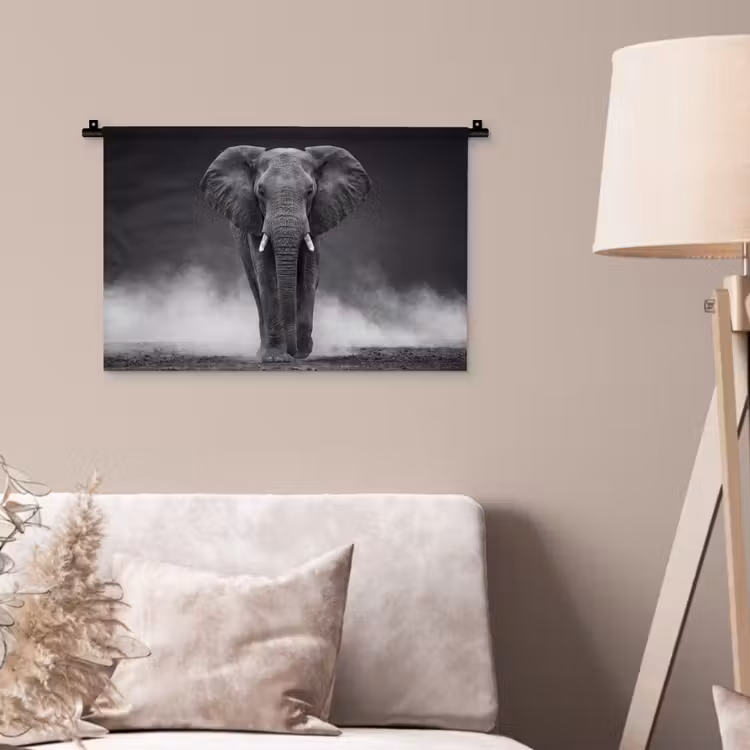 Olifant - Zwart - Wit - Rook Wandkleed katoen klein -sfeer4