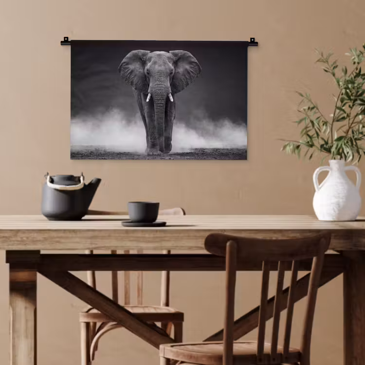 Olifant - Zwart - Wit - Rook Wandkleed katoen klein -sfeer6